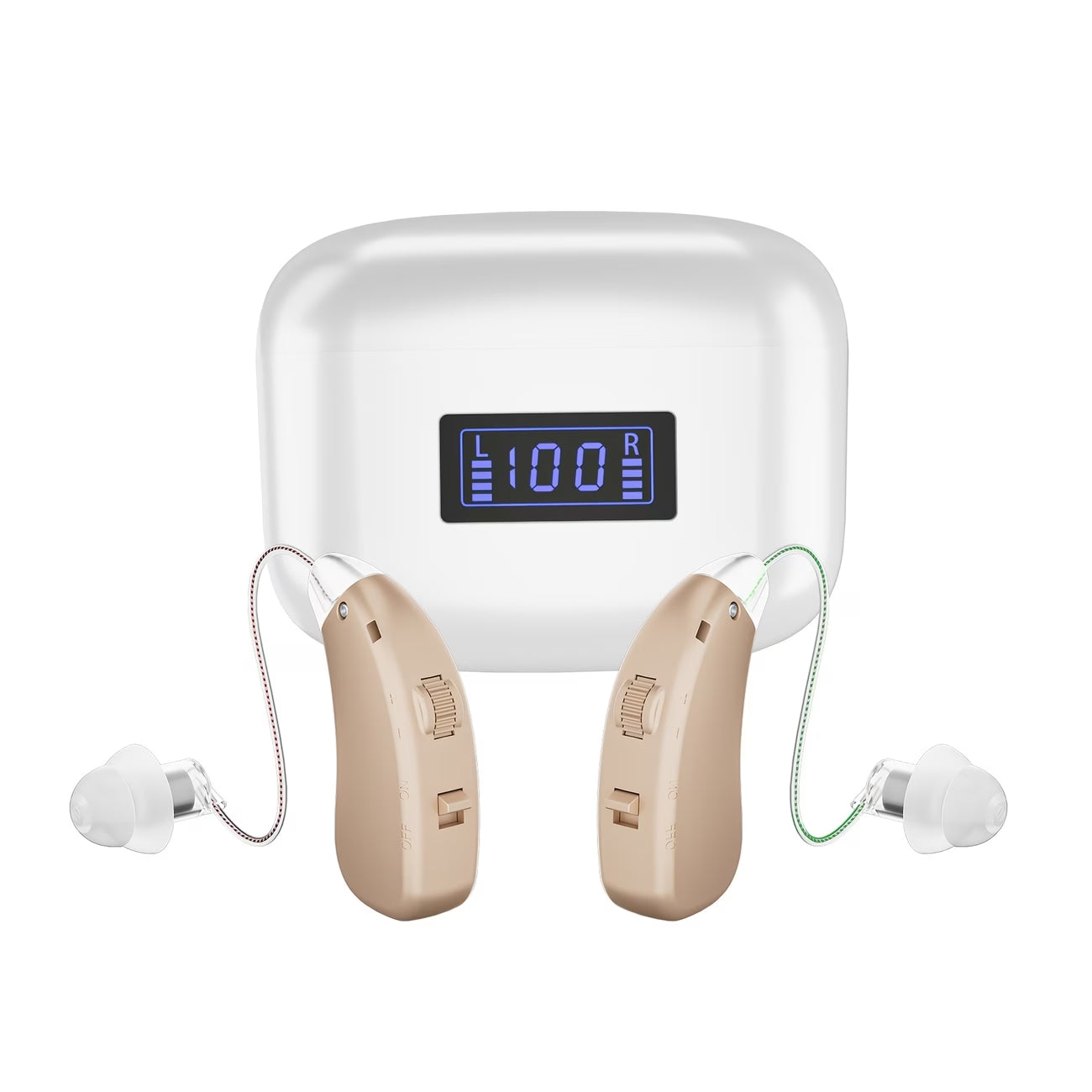 ZF-M802 Rechargeable OTC Hearing Aid with Smart LED Digital Display Charging Case in Brown by KFCOPTEE